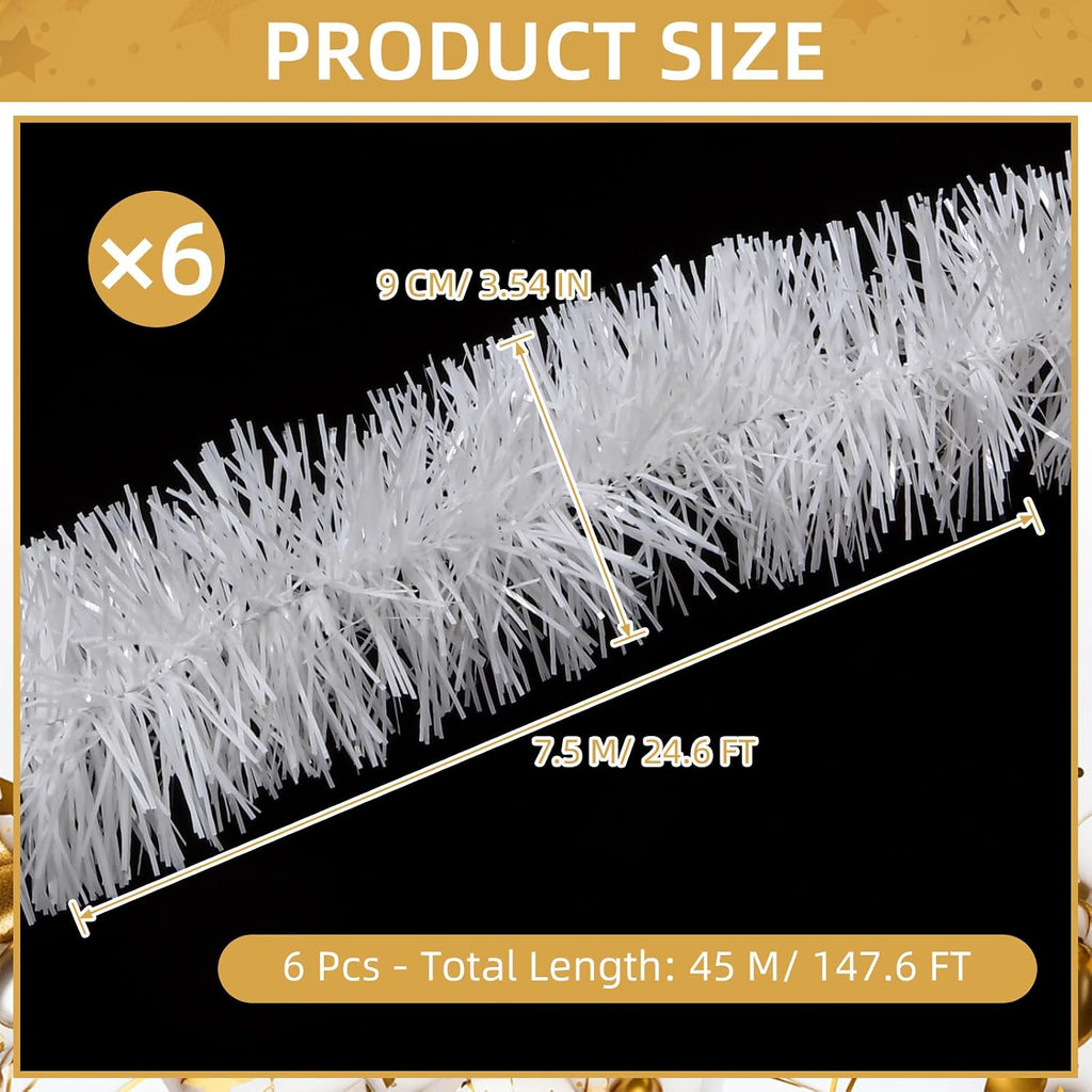 150 FT White Tinsel Garland Christmas Holiday Tinsel Garland Halloween New Year Birthday Party Decorations, Tinsel Twist for Christmas Tree Decoration (White)
