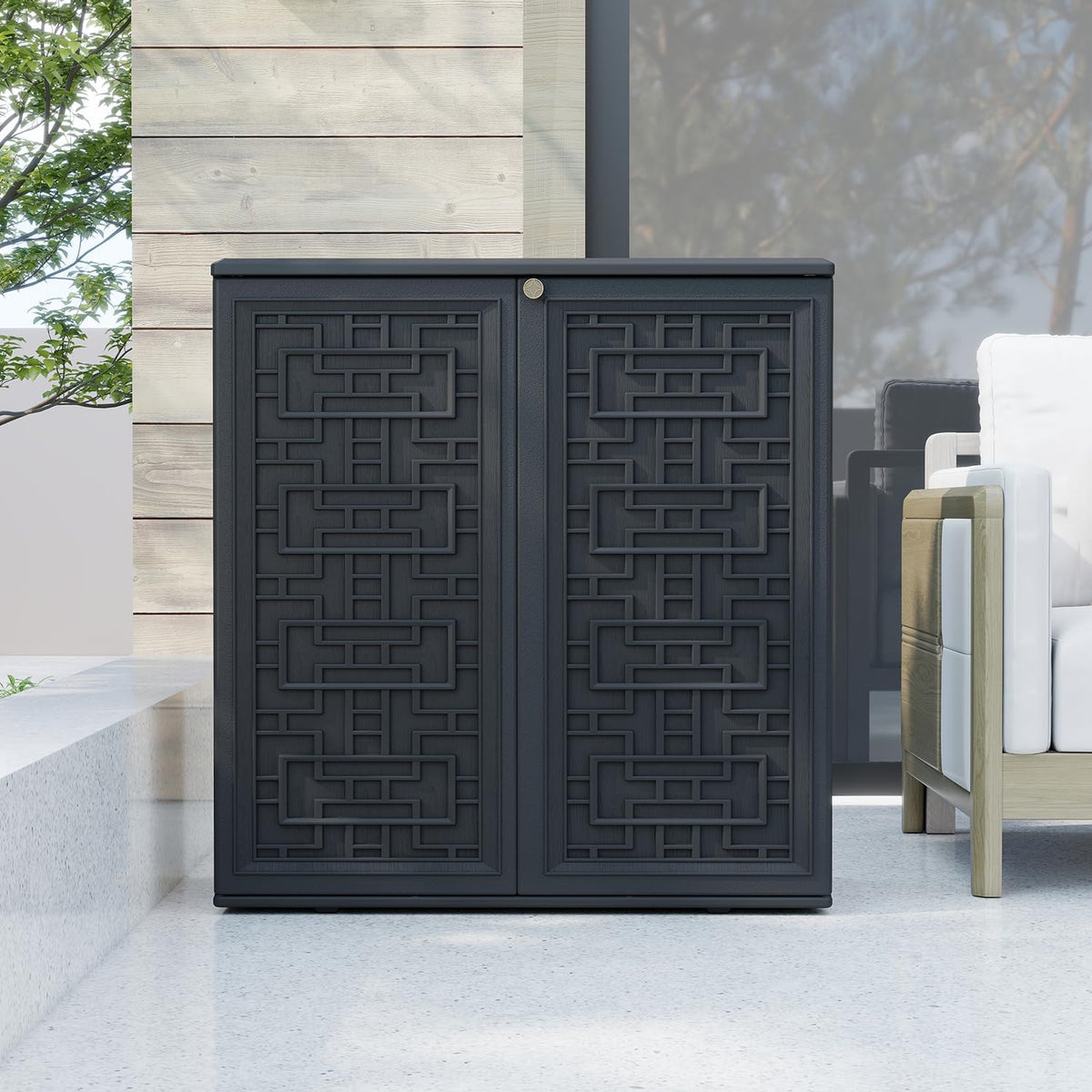 HOMSPARK Indoor/Outdoor Storage Cabinet with Doors and Shelf, 34”x15”x36” HDPE Plastic Storage Box Waterproof for Patio, Garden, Balcony, Multi-Purpose for Daily Tools, Black