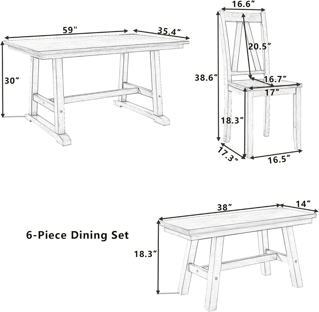 Harper & Bright Designs 6-Piece Dining Set, Farmhouse Style Wood Dining Table and 4 Dining Chairs & Long Bench, Kitchen Table Set, Walnut+White
