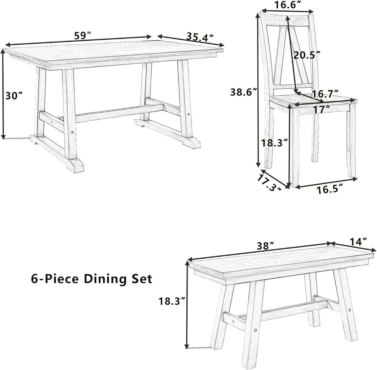 Harper & Bright Designs 6-Piece Dining Set, Farmhouse Style Wood Dining Table and 4 Dining Chairs & Long Bench, Kitchen Table Set, Walnut+White