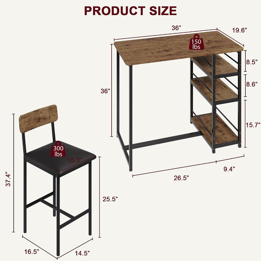 IDEALHOUSE Dining Table Set for 2, Counter Height Kitchen Table and Chairs, Bar Table Set with 2 Upholstered Bar Stools, 3 Piece Dining Room Table Set for Small Space, Apartment, Retro Brown