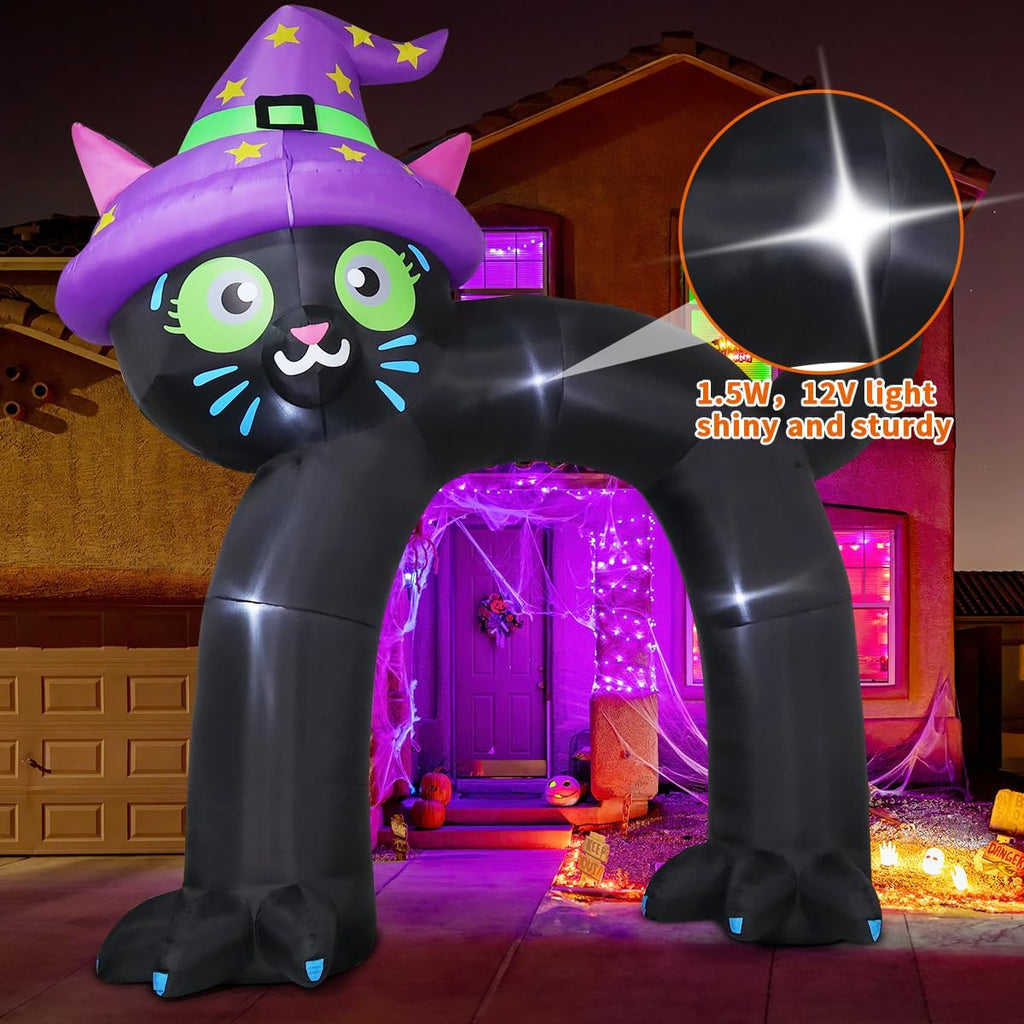 COMIN 14FT Halloween Inflatables Outdoor Decorations Black Cat Arch Blow Up Yard Decoration with Built-in LED for Yard Garden Party Lawn