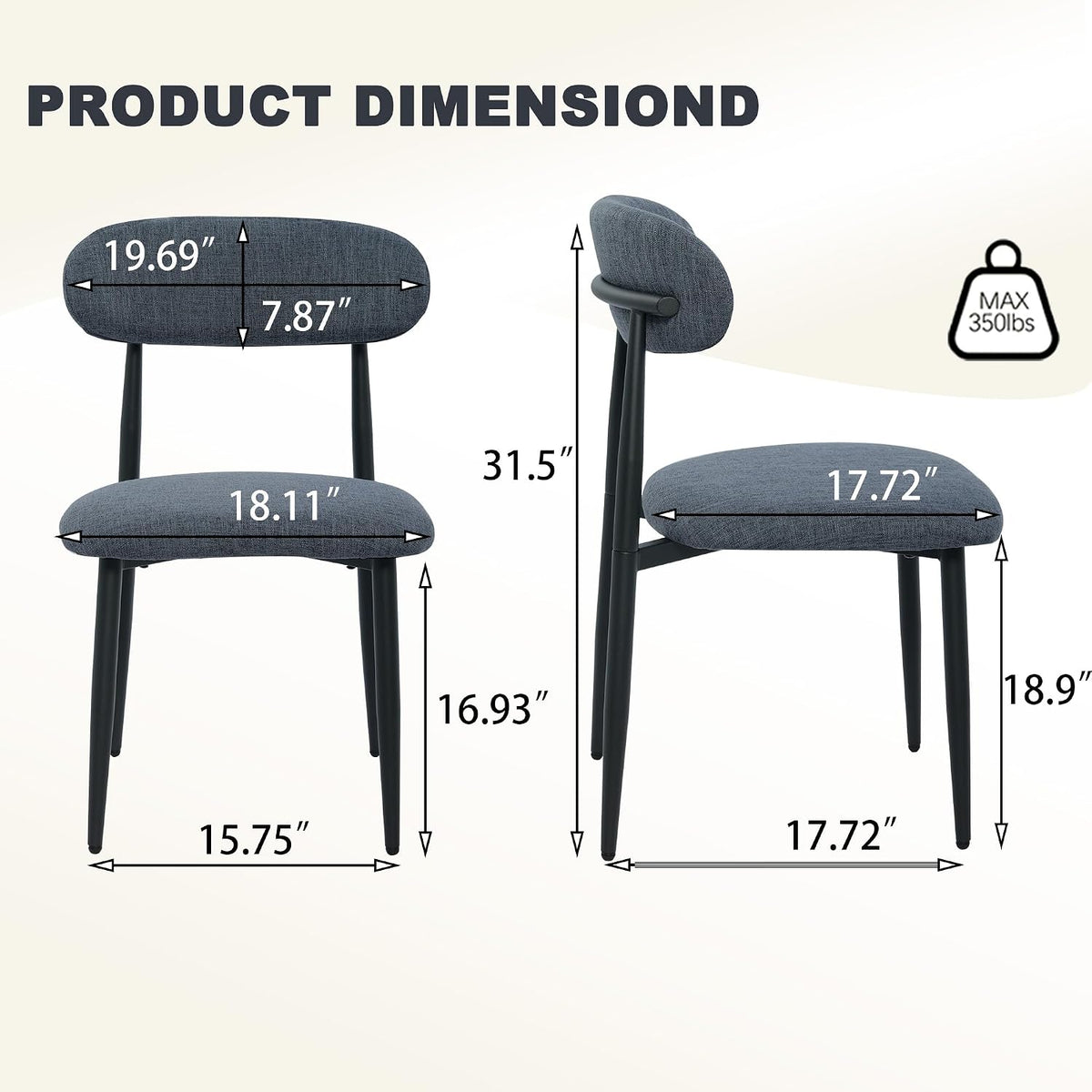 FREKEN Modern Upholstered Dining Chairs Set of 8, Mid-Century Metal Frame Linen Fabric Side Chair for Kitchen Dining Room, 350lbs Capacity, Grey