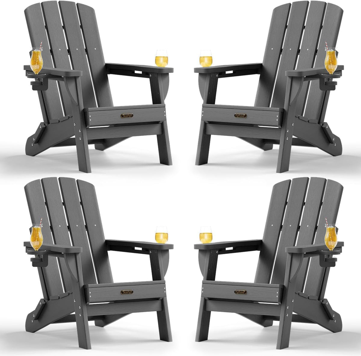 Folding Adirondack Chair Set of 4, HDPE Adirondack Chairs with 2 Cup Holder, Plastic All-Weather Fire Pit Chairs, Outdoor Lawn Chair for Patio Garden (Grey)