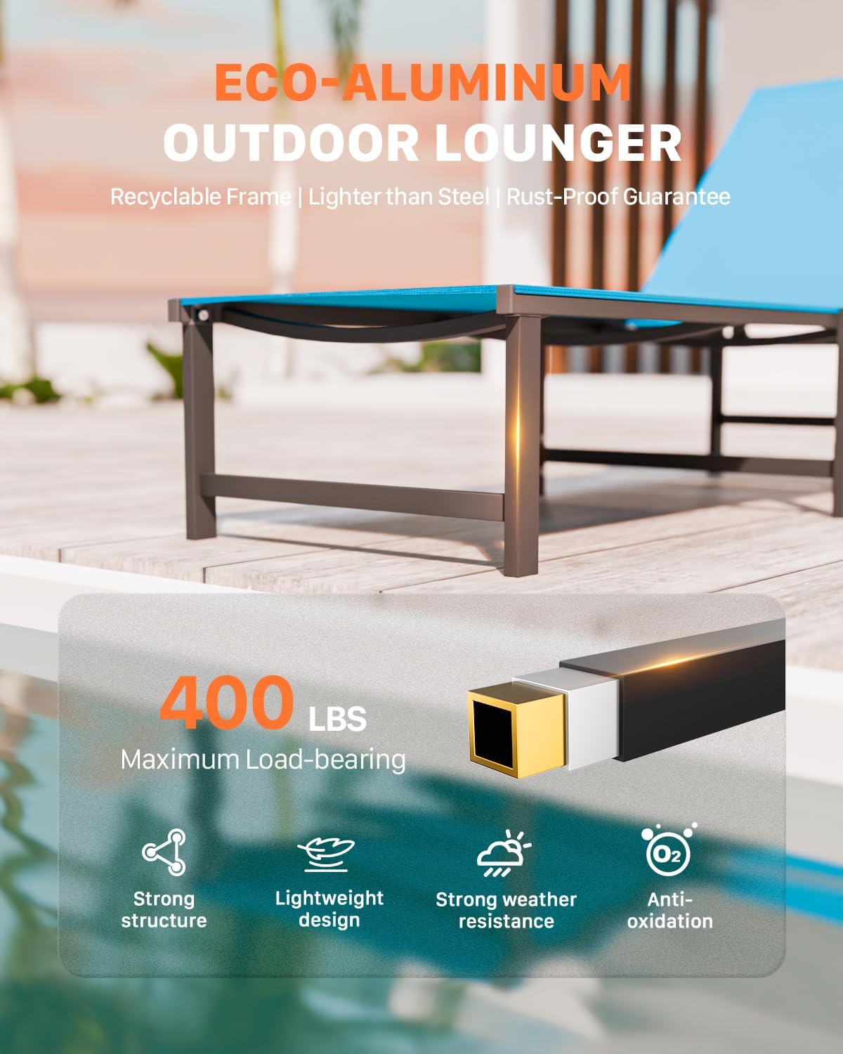 aluminum patio chaise lounge chair outdoor,blue showing dimensions
