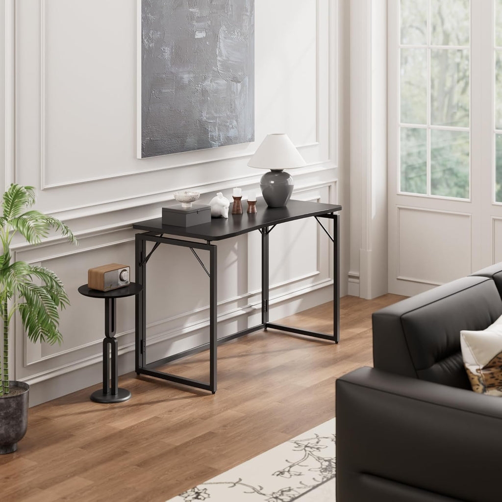 JOYMOOP 31.5" Black Folding Desk, No Assembly, Wooden Top, Small Size