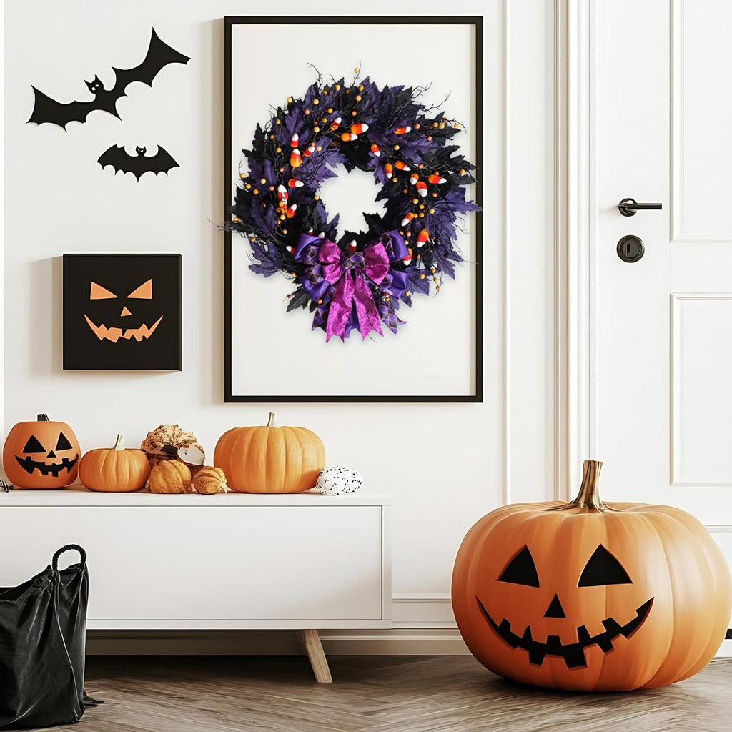 idyllic 22 Inches Halloween Door Wreath, Black Halloween Wreaths for Front Door with Purple Bow Witch Ornaments Decorations