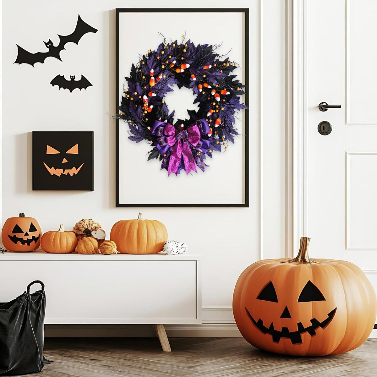 idyllic 22 Inches Halloween Door Wreath, Black Halloween Wreaths for Front Door with Purple Bow Witch Ornaments Decorations