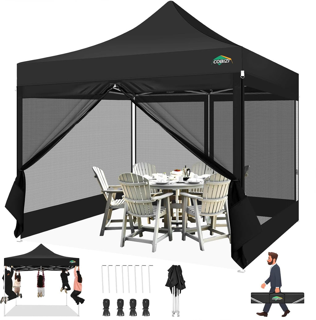 COBIZI 10x10 Heavy Duty Pop Up Canopy Tent with 4 Mosquito Netting Walls