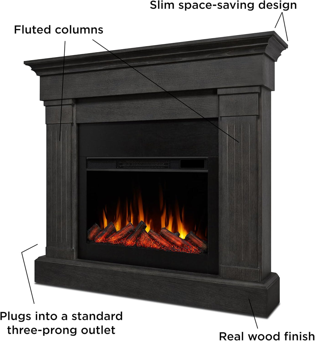 Real Flame Crawford Slim Indoor Electric Fireplace with Mantel for Living Room or Bedroom, Replaceable Fireplace Insert Heater, Realistic Log and Flame Effect, Remote Control, Timer, Gray
