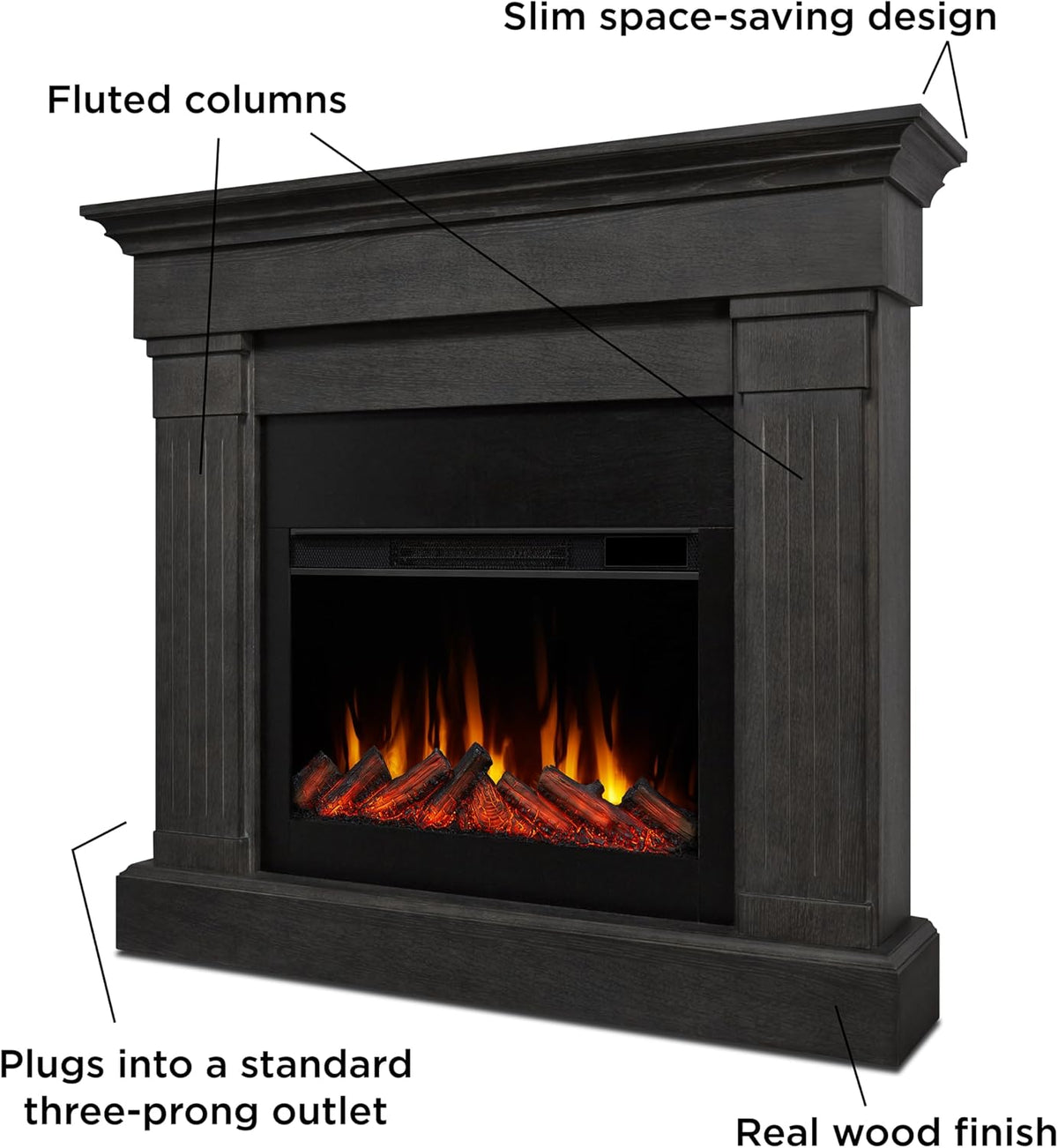 Real Flame Crawford Slim Indoor Electric Fireplace with Mantel for Living Room or Bedroom, Replaceable Fireplace Insert Heater, Realistic Log and Flame Effect, Remote Control, Timer, Gray