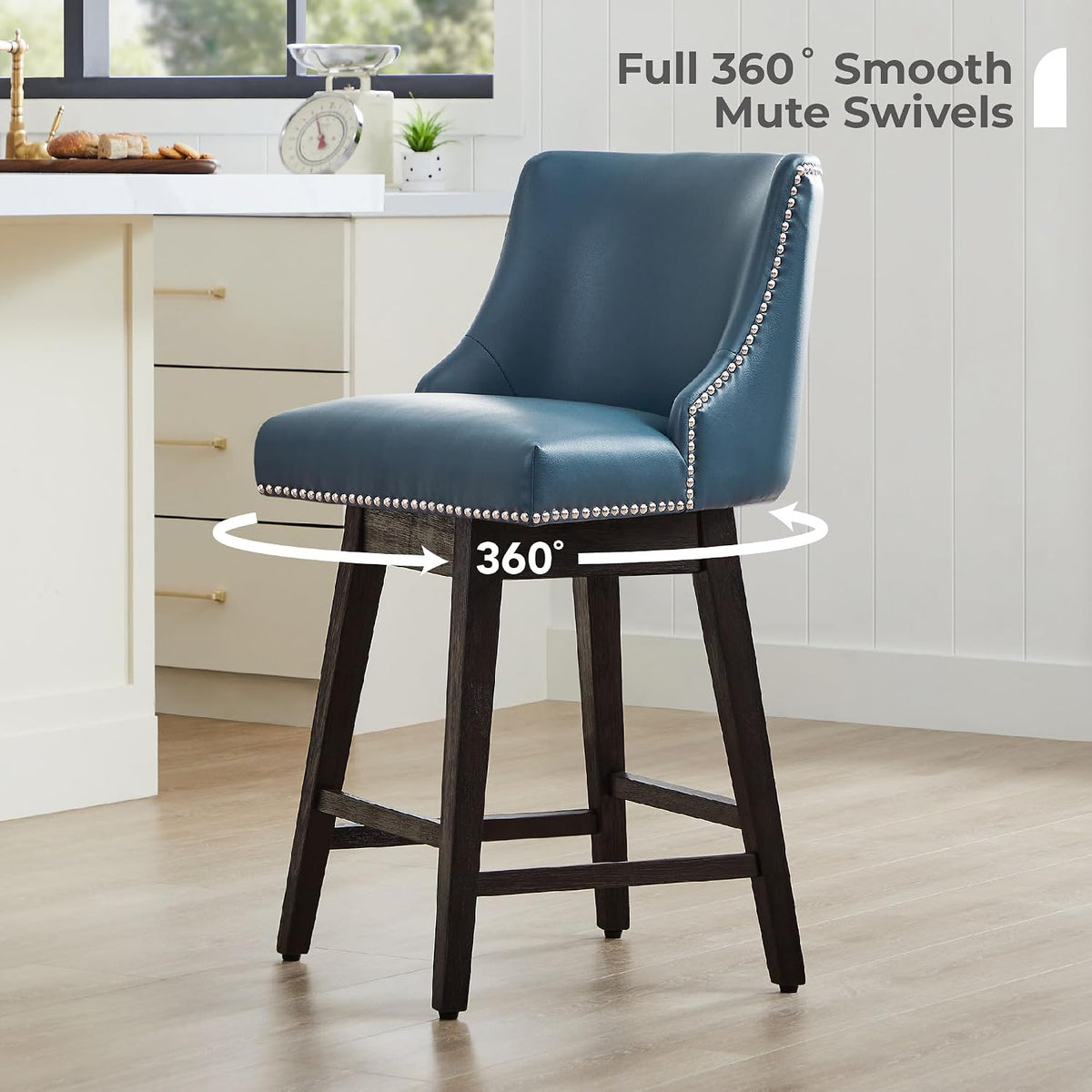 CHITA 26" Counter Height Swivel Bar Stools, Blue Faux Leather, 3-Pack