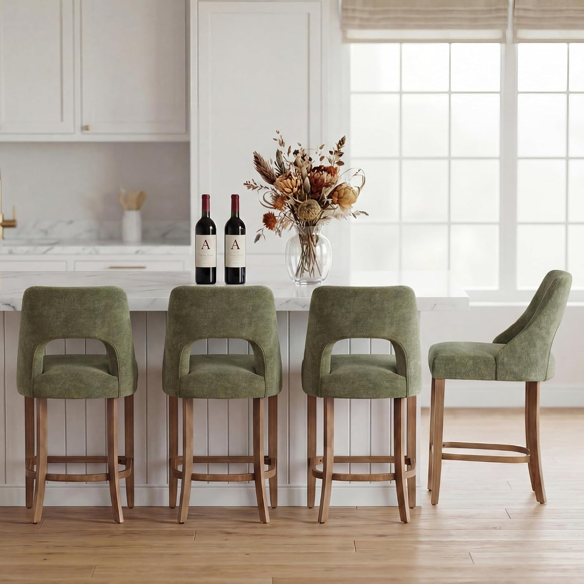 UVV Bar Stools Set of 2, Upholstered Counter Height Bar Stools, Modern Counter Stools with Wood Legs for Kitchen Island Dining Room Bar, Green