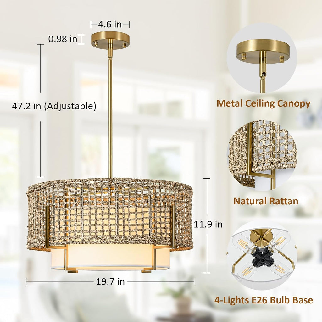19.7" rattan chandelier, 4-light boho dining room light shown in use