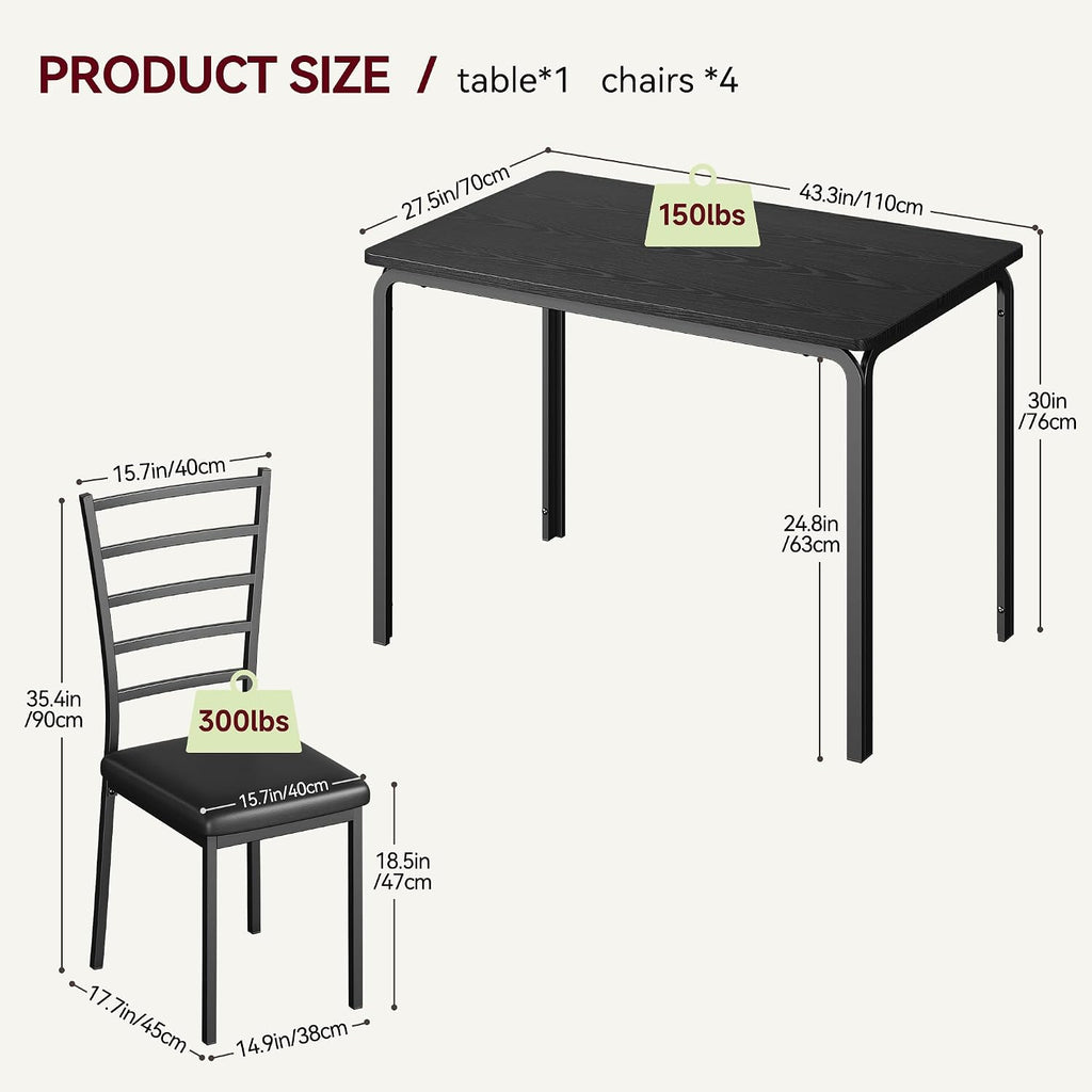 GarveeHome 5-Piece Kitchen Dining Room Table Chair Set for Small Space, Indoor Modern Dinette Set for 4, Square Dinner Table Set for Dinette (Black, Dining Table with 4 Chairs)