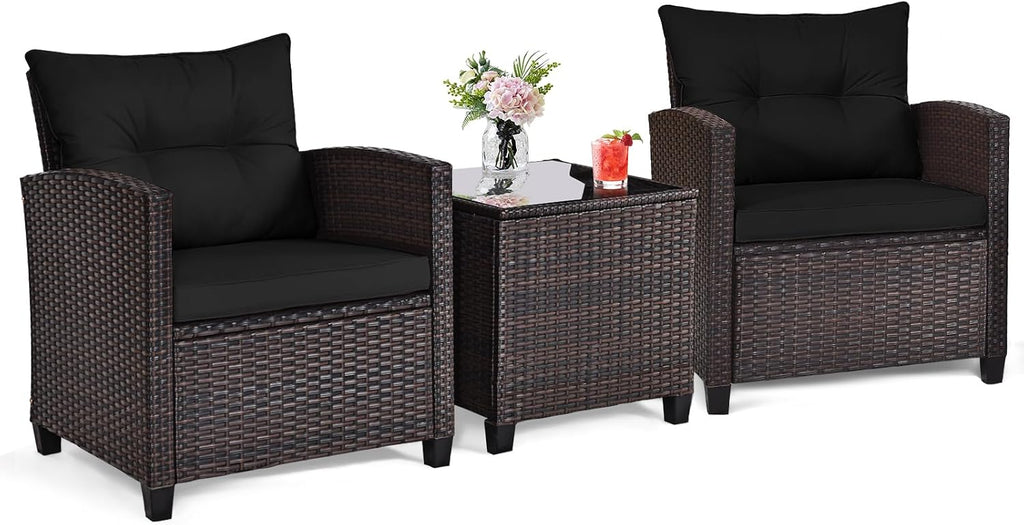 ORALNER 3 Pieces Patio Furniture Set, Outdoor Wicker Bistro Set (Black)