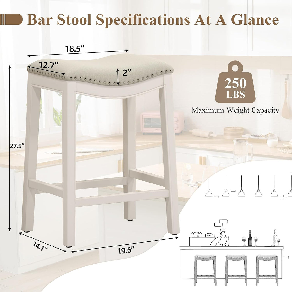 27" Backless Saddle Counter Stools Set of 4, Hand-brushed Wood Finish Legs