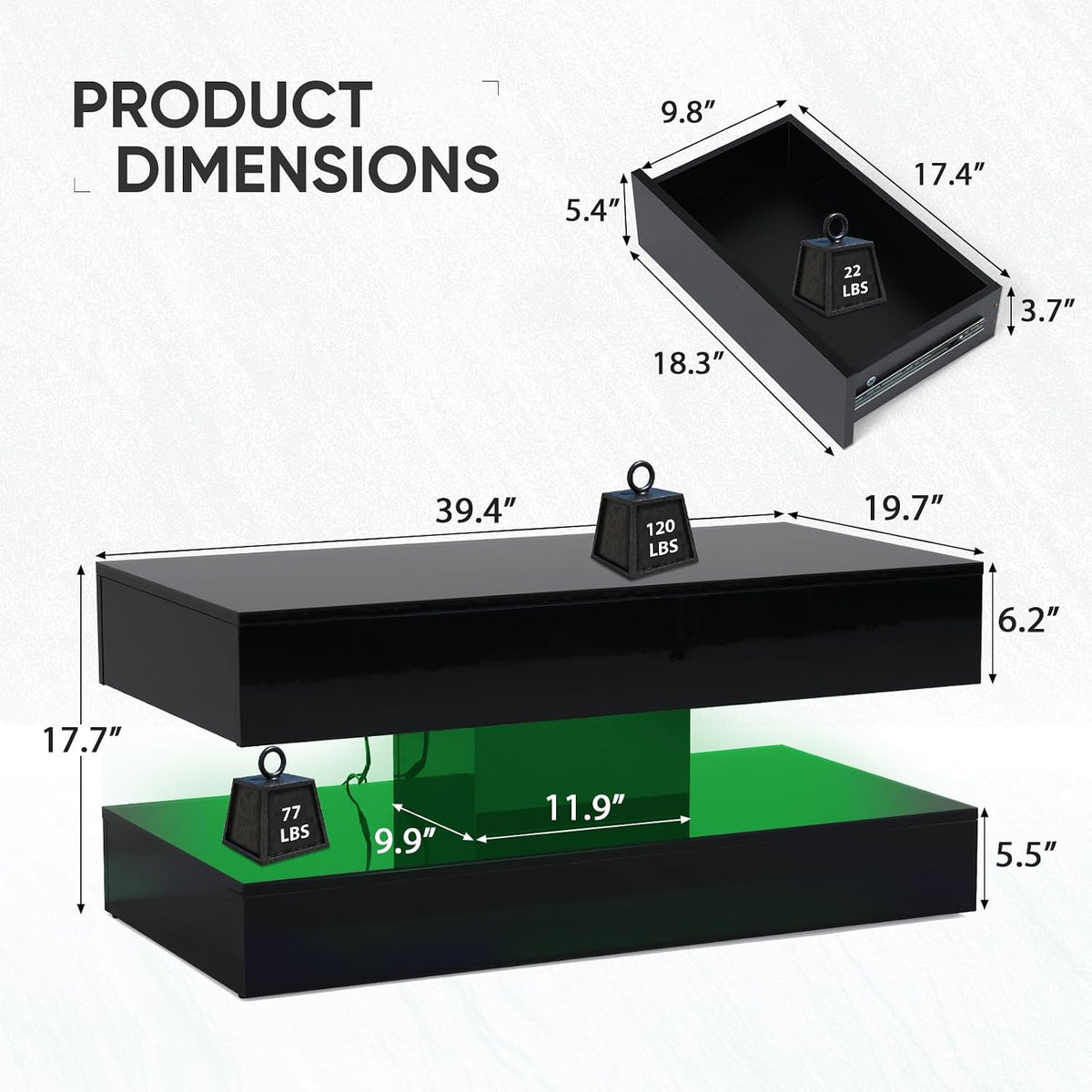 Verano Garden Modern High Gloss LED Coffee Table, 2-Tier Center Table