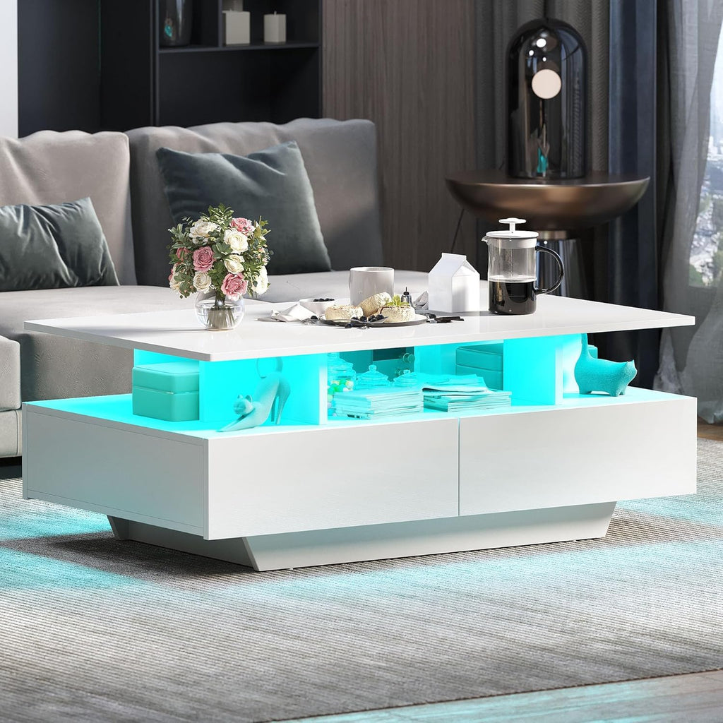 DWVO LED Coffee Table with Storage 4 Drawers, Modern High Glossy Coffee Tables for Living Room, White Rectangle Coffee Table Small Center Table with Open Display Shelf & Sliding Drawers, White