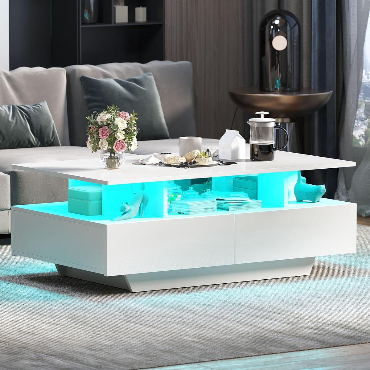 DWVO LED Coffee Table with Storage 4 Drawers, Modern High Glossy Coffee Tables for Living Room, White Rectangle Coffee Table Small Center Table with Open Display Shelf & Sliding Drawers, White