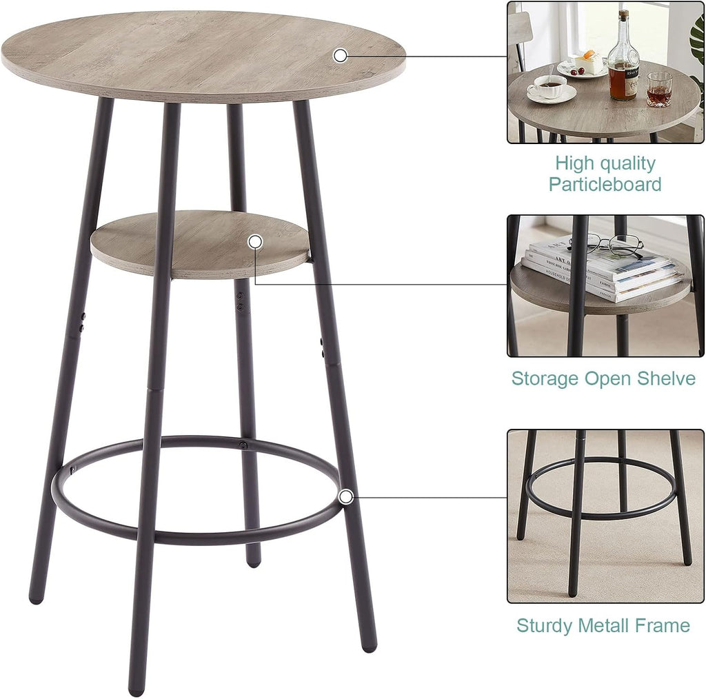 GNIXUU 3 Piece Bar Table Set, 2-Tier Round Pub Dining Set Wooden Bistro Table with 2 PU upholstered Stools Counter Height Kitchen Table Set for Breakfast Nook, Restaurant, Small Space(Grey)