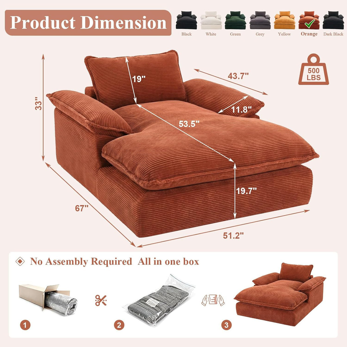 67" Chaise Lounge Chair Indoor, Oversized Boneless Couch
