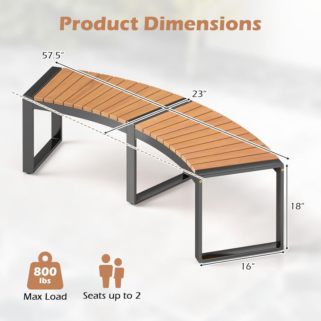 Tangkula Patio Curved Bench, Acacia Wood Fire Pit Bench w/Slatted Seat & Metal Legs, Outdoor Backless 2-Person Seating for Yard, Garden, Porch, 800 LBS Max Load, Oil Painted