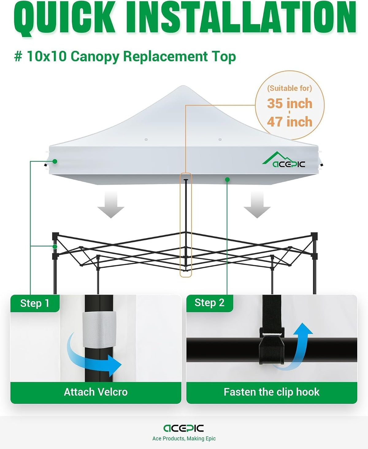 acepic heavy duty 10x10 peak pole canopy replacement, front angle view