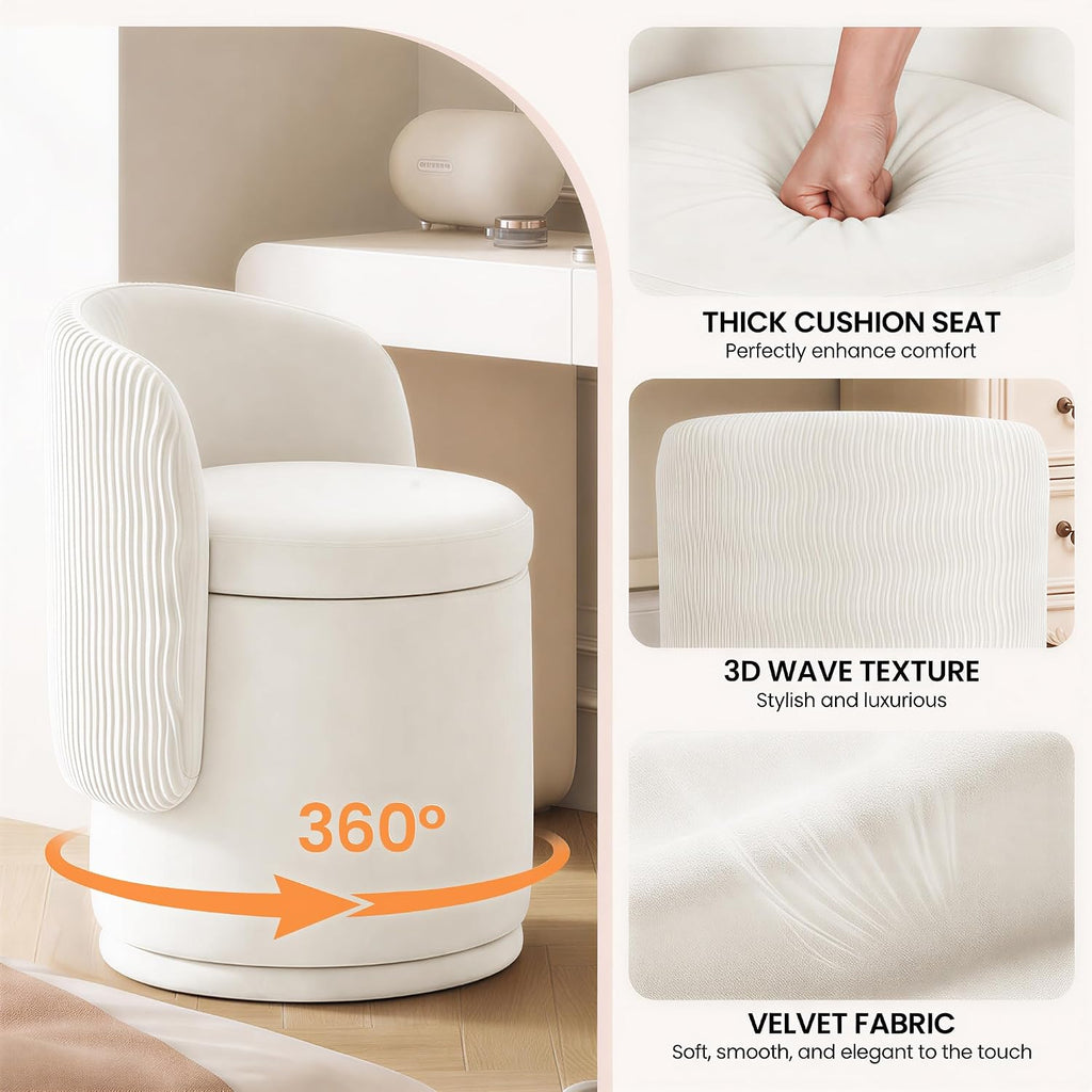 MALOL 360° Swivel Velvet Vanity Chair with Storage, Beige