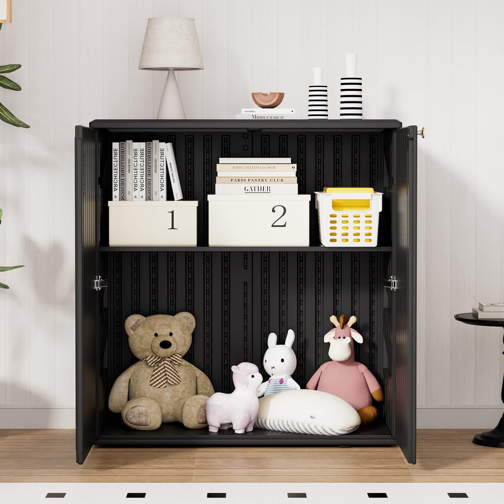 HOMSPARK Indoor/Outdoor Storage Cabinet with Doors and Shelf, 34”x15”x36” HDPE Plastic Storage Box Waterproof for Patio, Garden, Balcony, Multi-Purpose for Daily Tools, Black