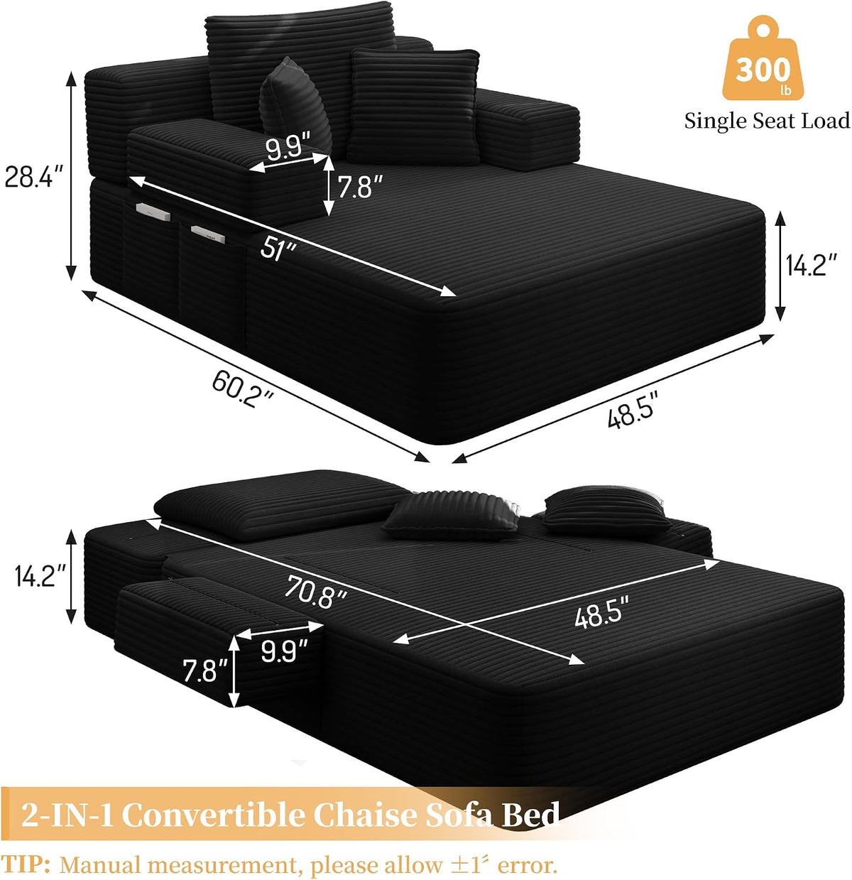 Avenix 70" Oversized Boneless Chaise Lounge Chair Indoor, Comfy Oversized Reading Chair Sleeper Sofa Couch Bed with 3 Fluffy Pillows, No Assembly Required, Black