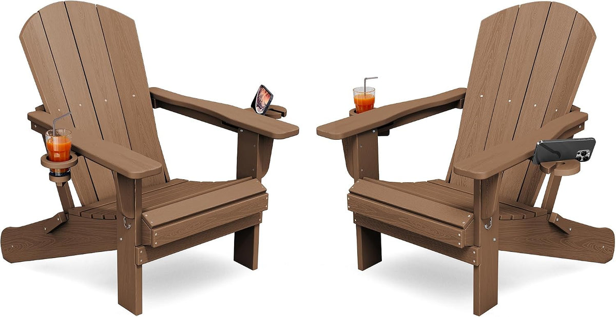 KINGYES Folding Adirondack Chair Set of 2 with 2 Cup Holders, Brown