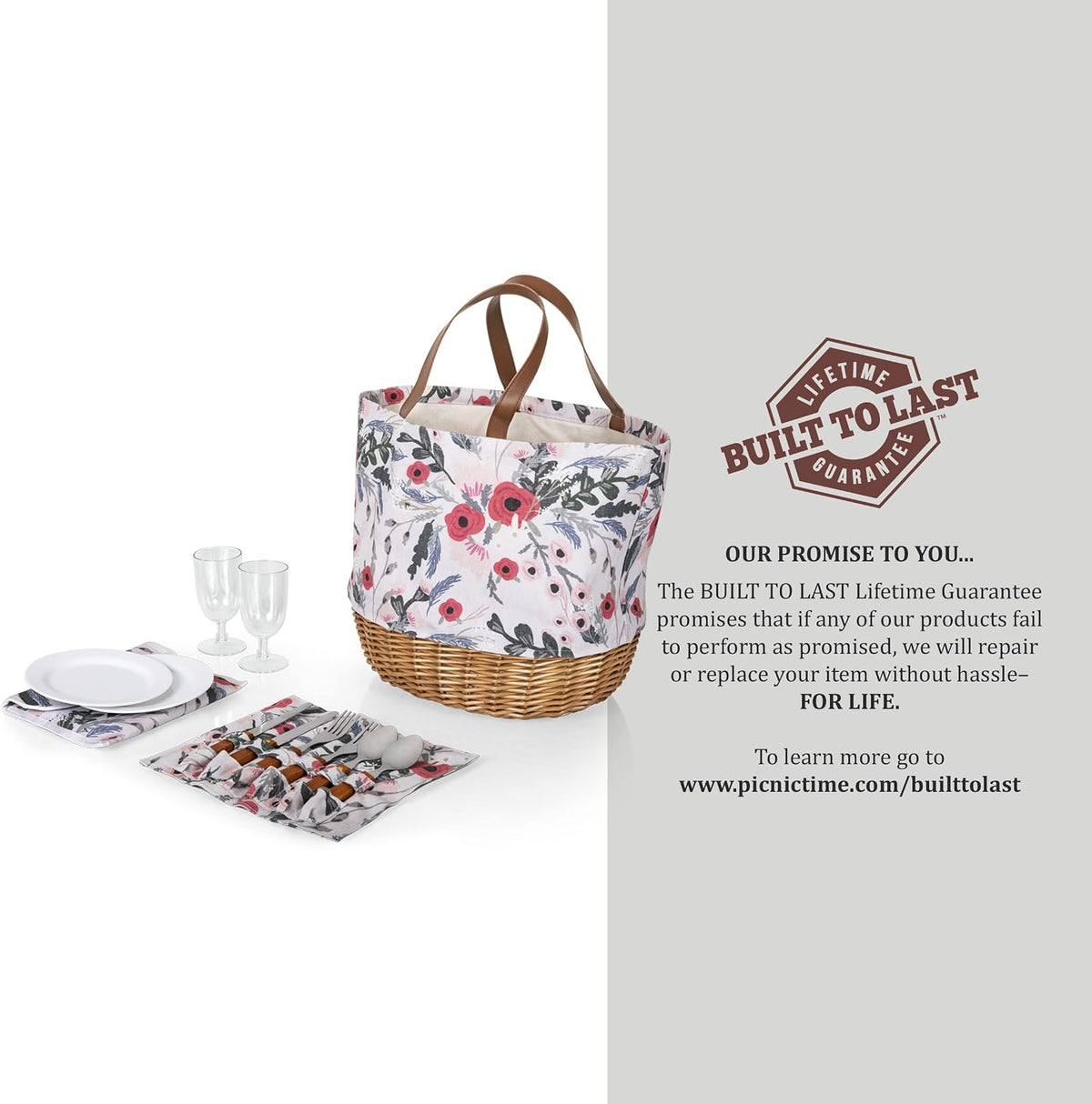 Picnic TIME Promenade Picnic Basket for 2, Canvas and Willow Picnic Set - Includes Utensil Set, Glasses, and Plates, (Floral Pattern)