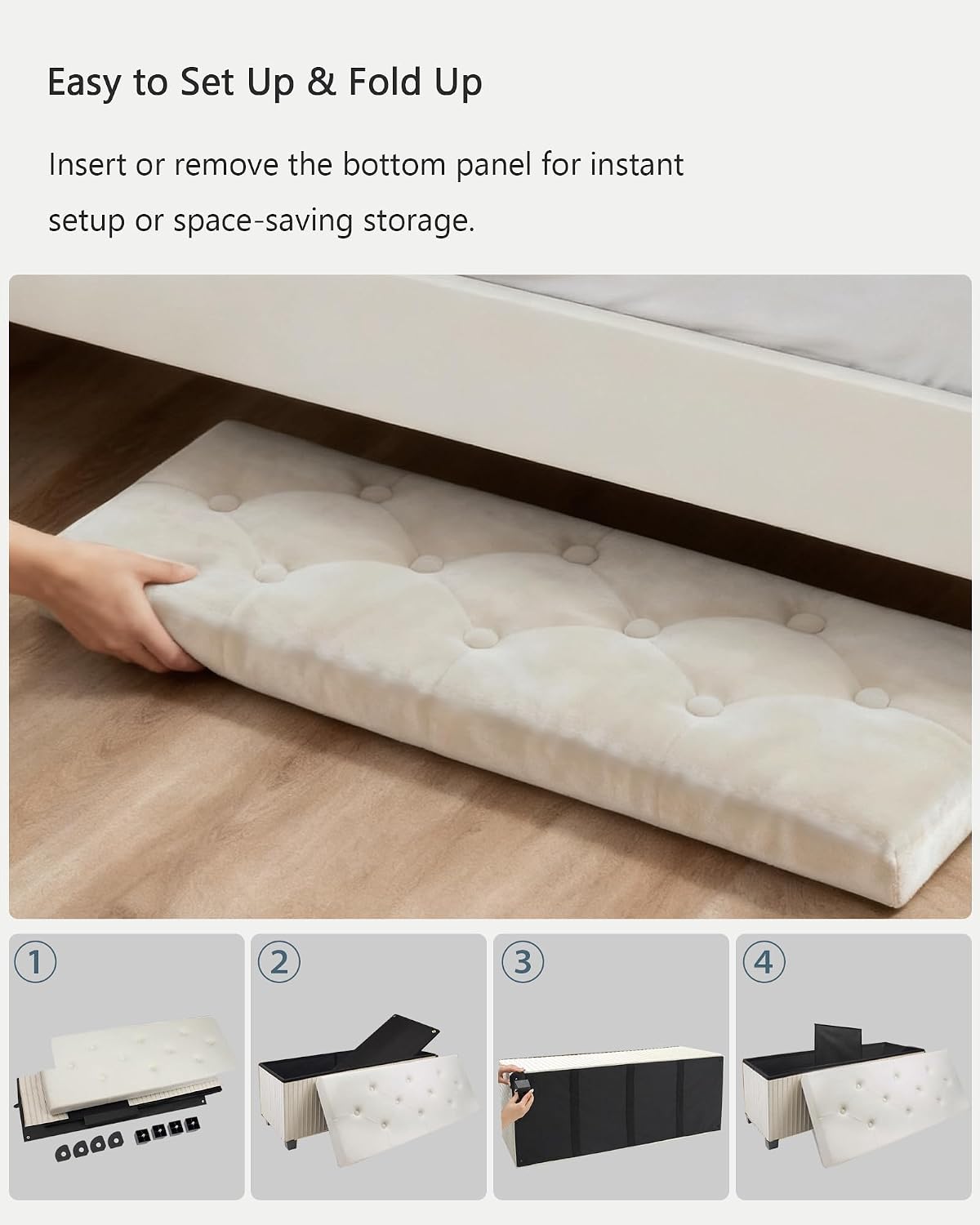 LITZFUR 43 Inches Storage Ottoman Bench, Velvet Foot Rest Stool, Beige