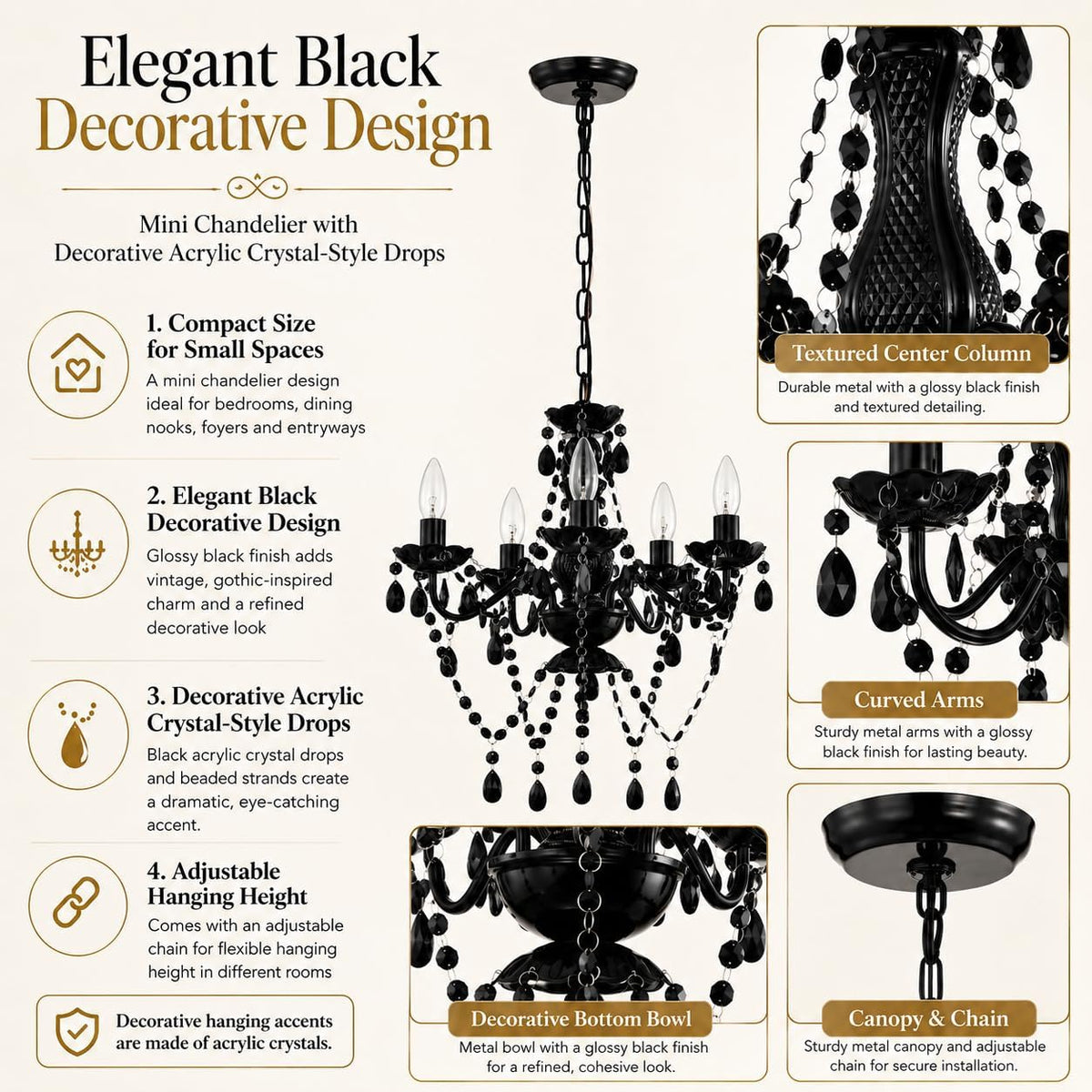 Small Black Crystal Chandelier, 5-Light for Bedroom