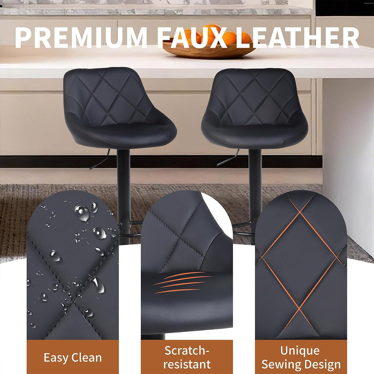 Swivel Bar Stools Set 3, Adjustable Height, PU Leather, Black