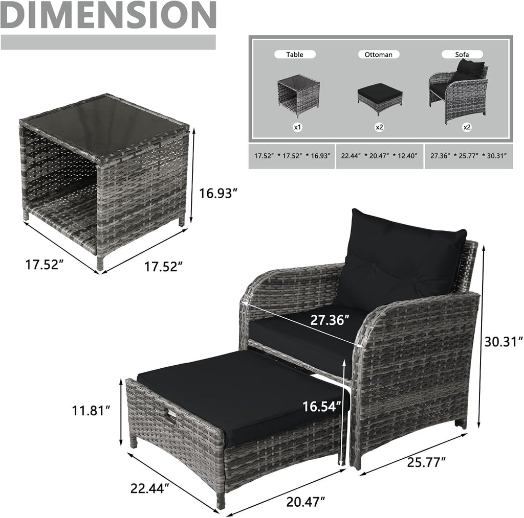 5 Pieces Wicker Outdoor Patio Chairs with Ottoman, PE Wicker Rattan Patio Conversation Furniture Set with Underneath Footrest, Wicker Outdoor Patio Chairs and Ottoman Set with Table, Black