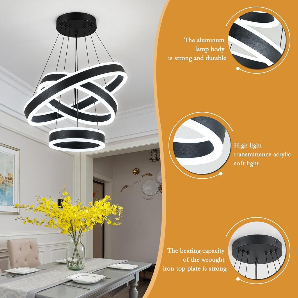 O'NEELDY Modern LED Chandeliers Adjustable Hanging Black Pendant Light Fixture 3 Ring Flush Mount Chandeliers for Bedroom,Kitchen,Island Cafe