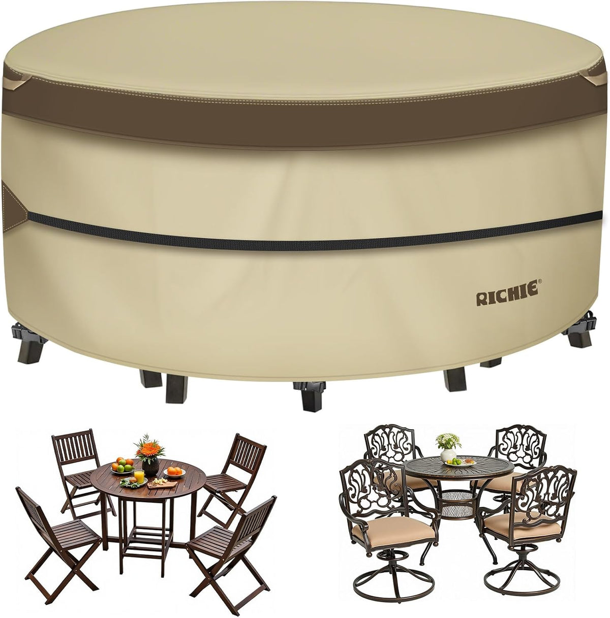 RICHIE Outdoor Patio Furniture Cover - Heavy Duty Waterproof 600D Tough Canvas Protector for Round Table Cover, All-Season Dining Table and Chair Cover (110"DIAx28"H)