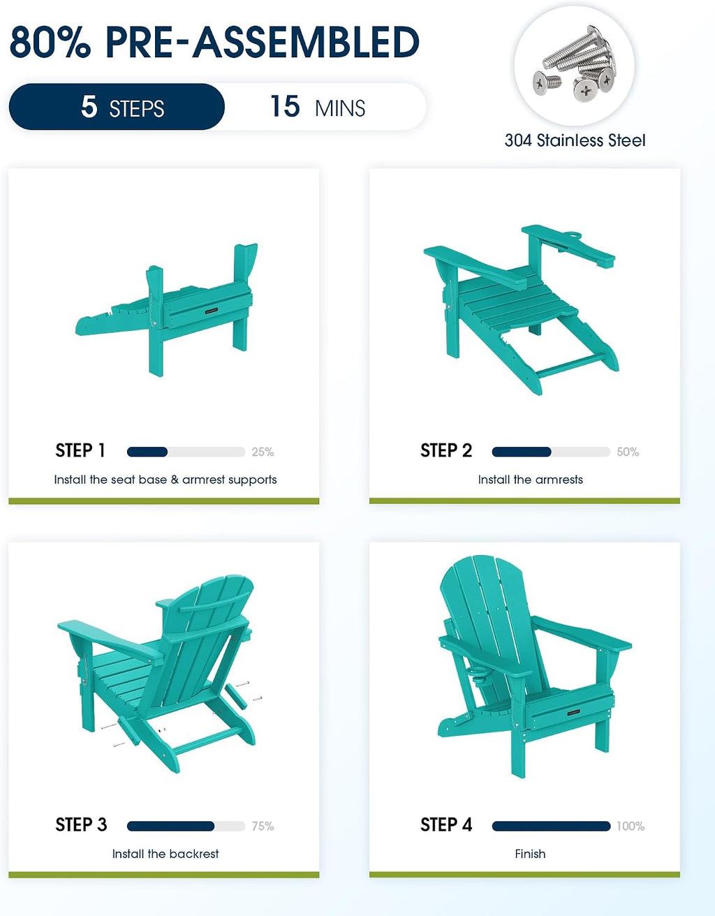 MUCHENGHY Folding Adirondack Chairs Set 6, HDPE for Fire Pit, Lake Blue (Set of 6)