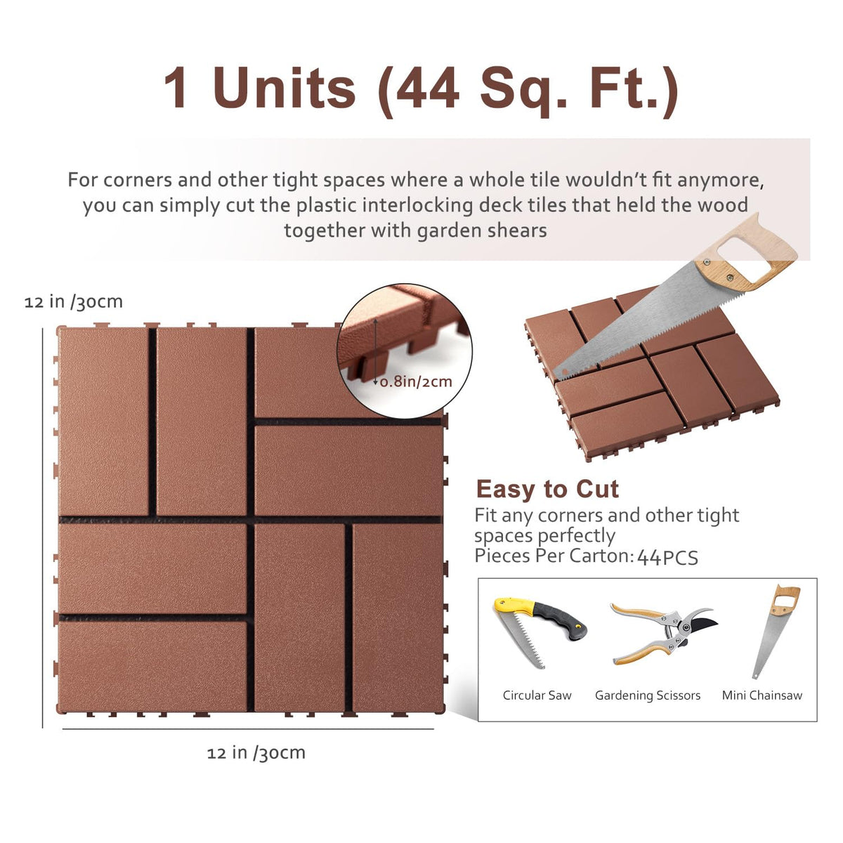 Interlocking Deck Tiles, EchoDeck Patio Deck Tiles, 44 Pack Deck Tiles Interlocking Outdoor All Weather, 12"x12", 8 Slat, 44 Sq. Ft, Highly Durable, Stylish, Non-Slip, Faster-Drying, Brown