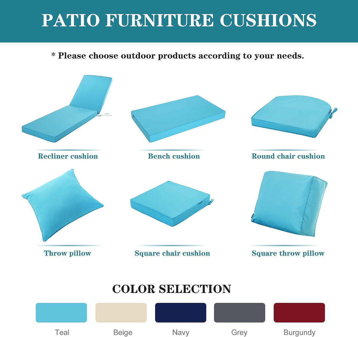 Chaise Lounge Cushions Outdoor Set of 2, 72x21x3 Inch, Teal