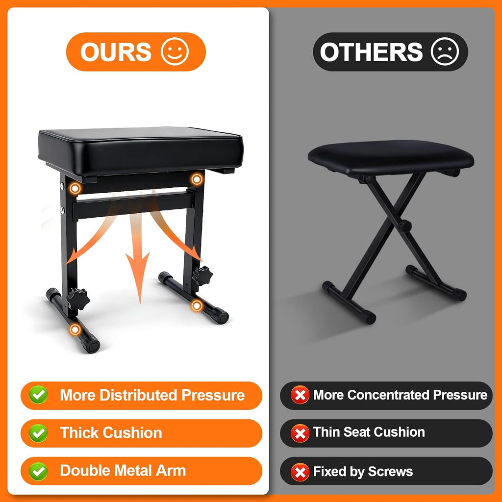 firstar adjustable piano bench 18.11" to 22.83", durable showing dimensions