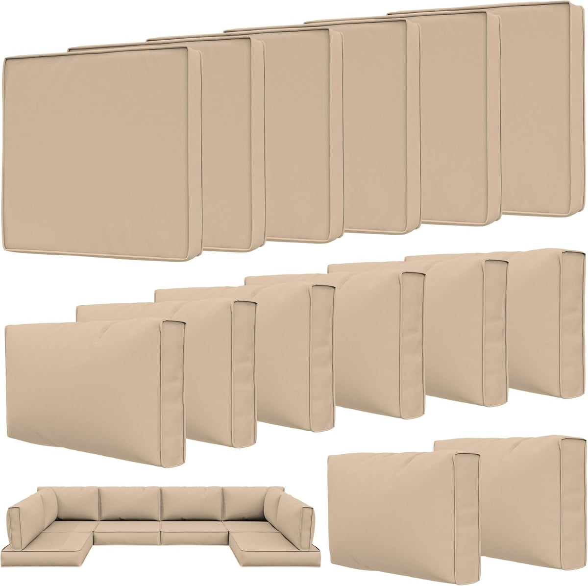 14 Pcs Outdoor Patio Cushion Covers, Replaceable Waterproof Furniture Covers, Outdoor Non-Slip Covers with Zippers, Couch 3 Sizes for Backyard Garden, Covers Only, Sand