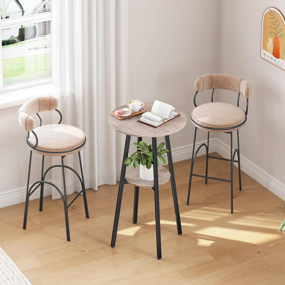 HOOBRO Bar Table, Round Pub Table, 2-Tier Bistro Table with Storage, for Small Spaces, with Top Particleboard for Kitchen, Easy to Assemble, Greige BG55BT01