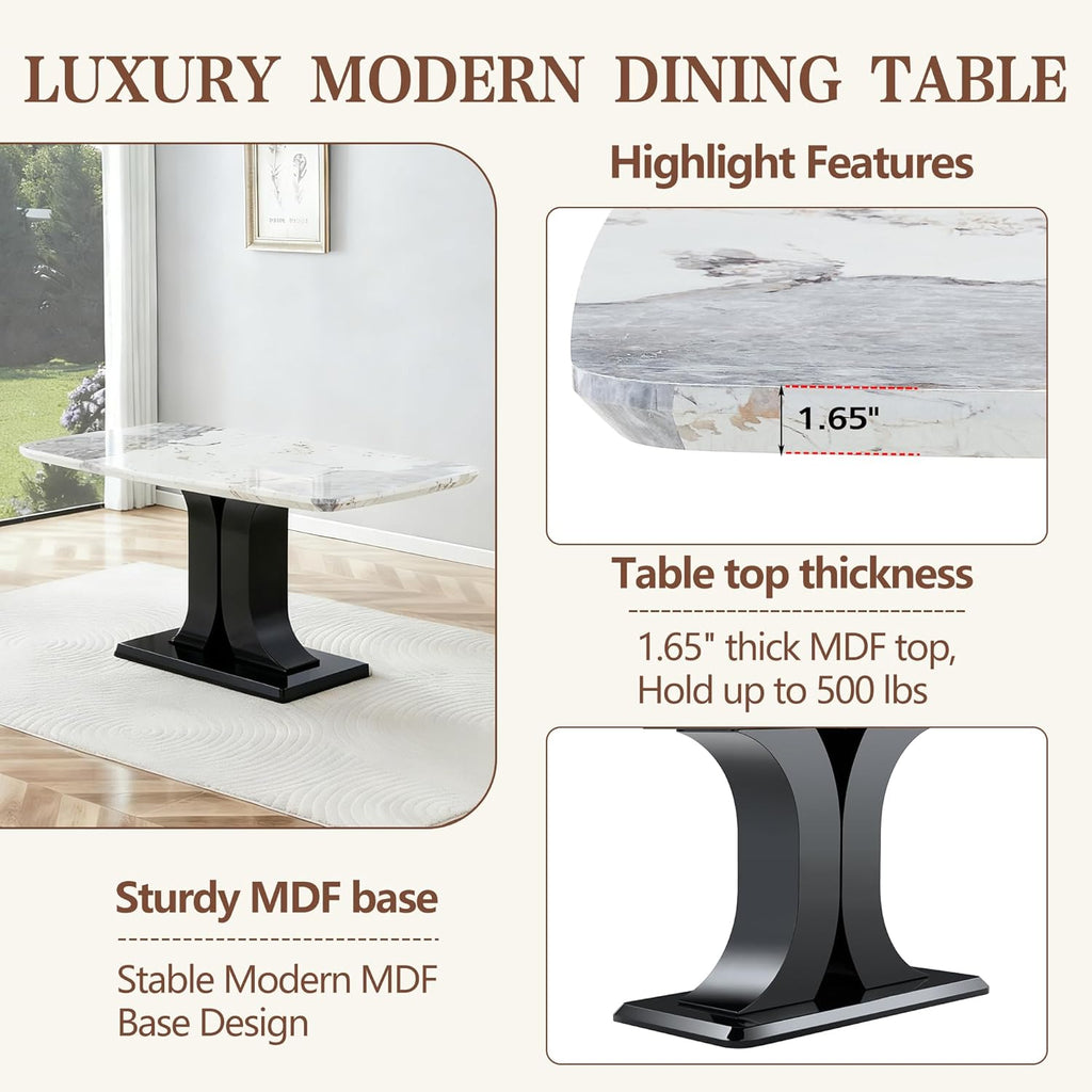 Modern Dining Table Set for 6, Marble Kitchen Table Chair Set for 6, Rectangular Kitchen Table with 6 Pu Leather Upholstered Chair for Dining Room (White with 6 Light Grey Chairs)