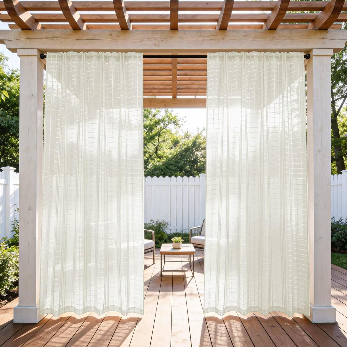 4 Panels Outdoor Sheer Curtains for Patio, Jacquard Check Curtains for Patio Waterproof, Indoor Outdoor Drapes for Gazebo Pergola Balcony Pool Spa (Ivory, 52 x 120 inch)