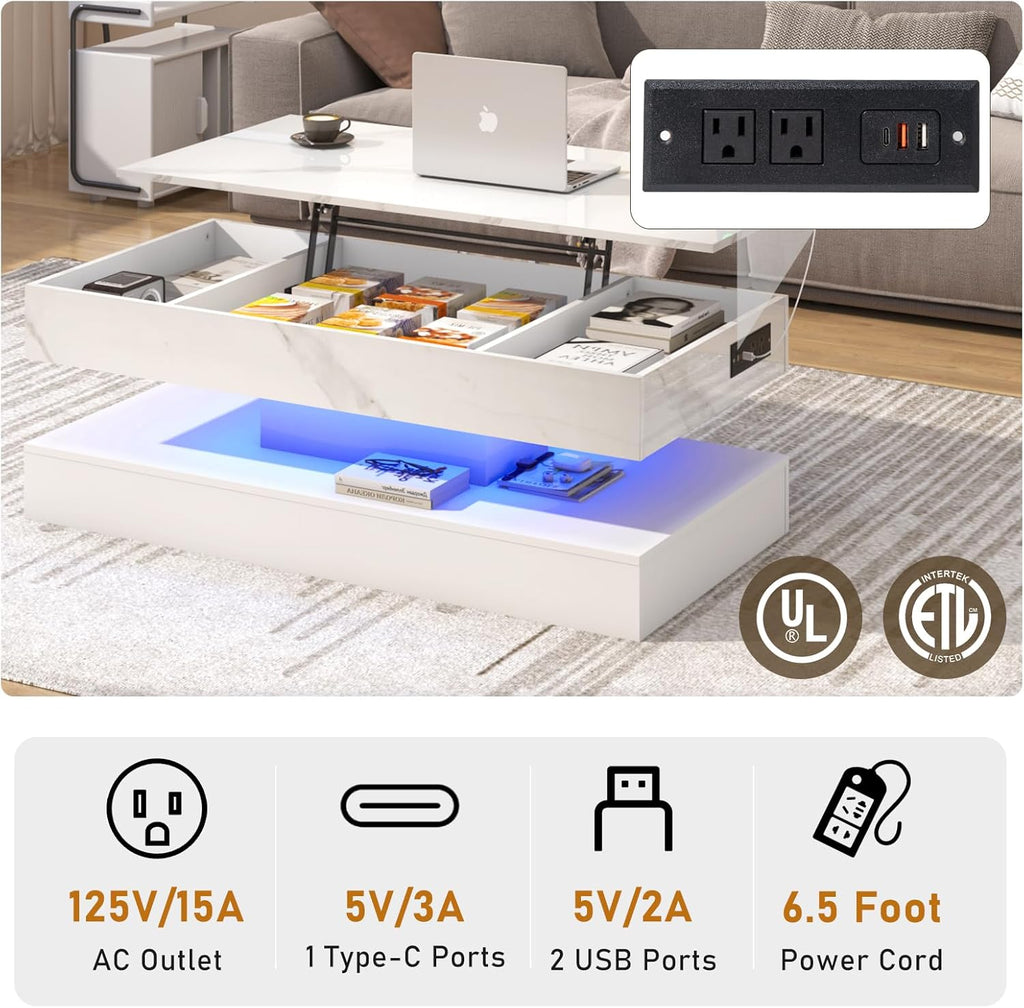 chartustriable 47.2" Large Lift Top Coffee Table, Modern LED High Glossy Coffee Table with Storage for Living Room, Lift Up Living Room Center Tables with Charging Station, LED Lights, White