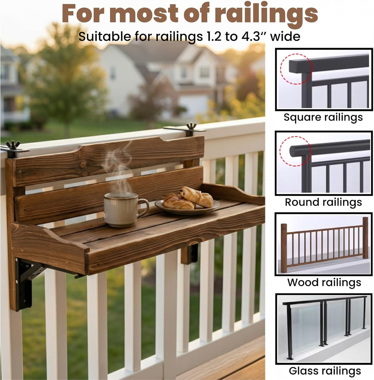 Folding Balcony Railing Table, Solid Wood Balcony Hanging Table, Railing Plant Holder, Balcony Bar Table Furniture for Apartment, Patio, Deck