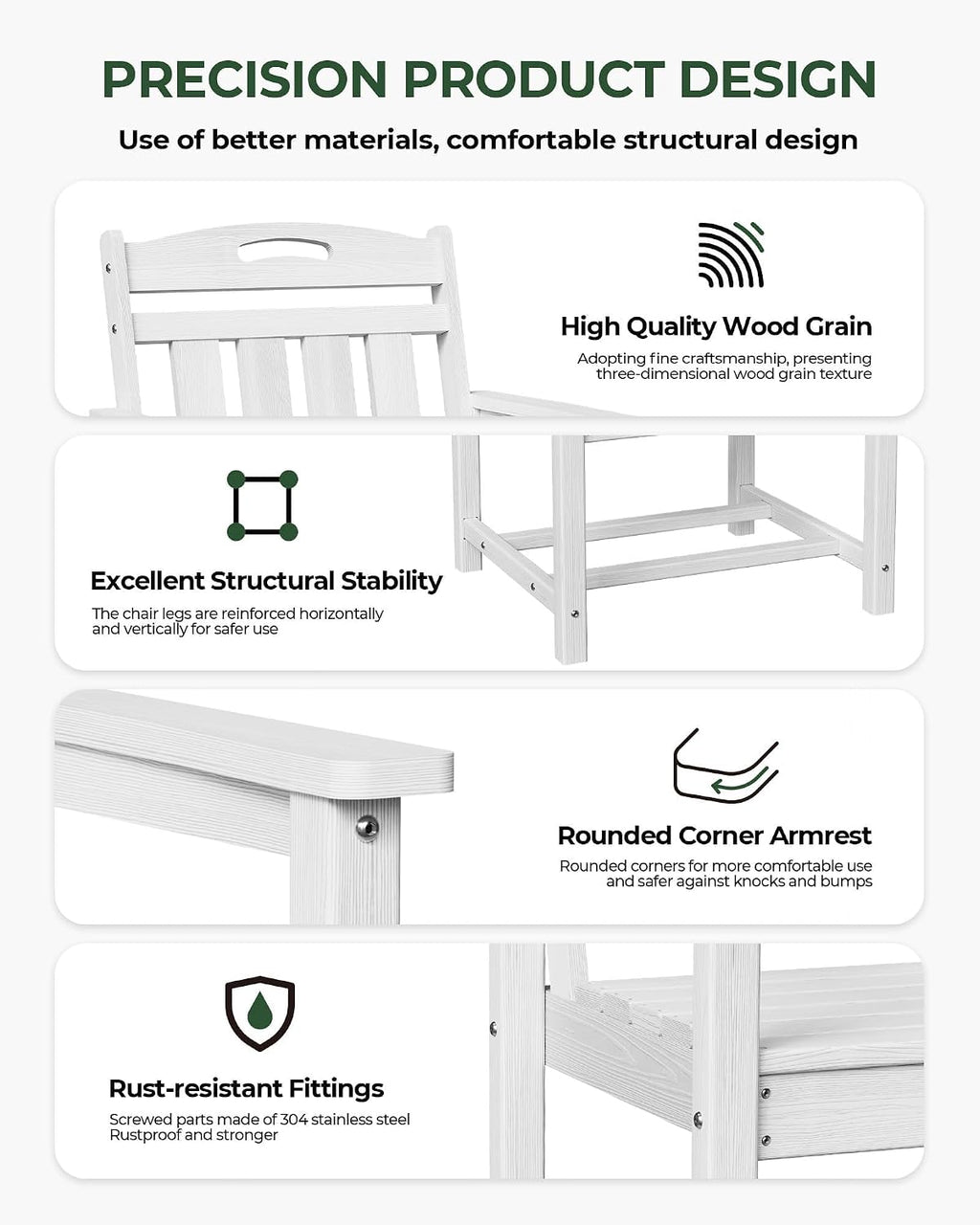 Patio Chairs Set of 2, HDPE Outdoor Dining Chairs with Wide Seat, All Weather Oversized Porch Chair for Garden, Backyard, Deck - White